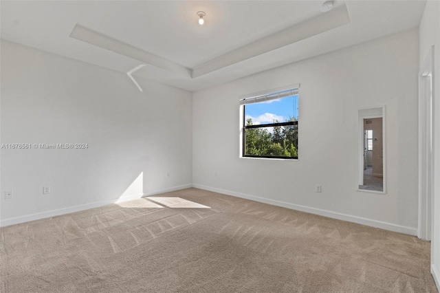 unfurnished room featuring light colored carpet and a tray ceiling