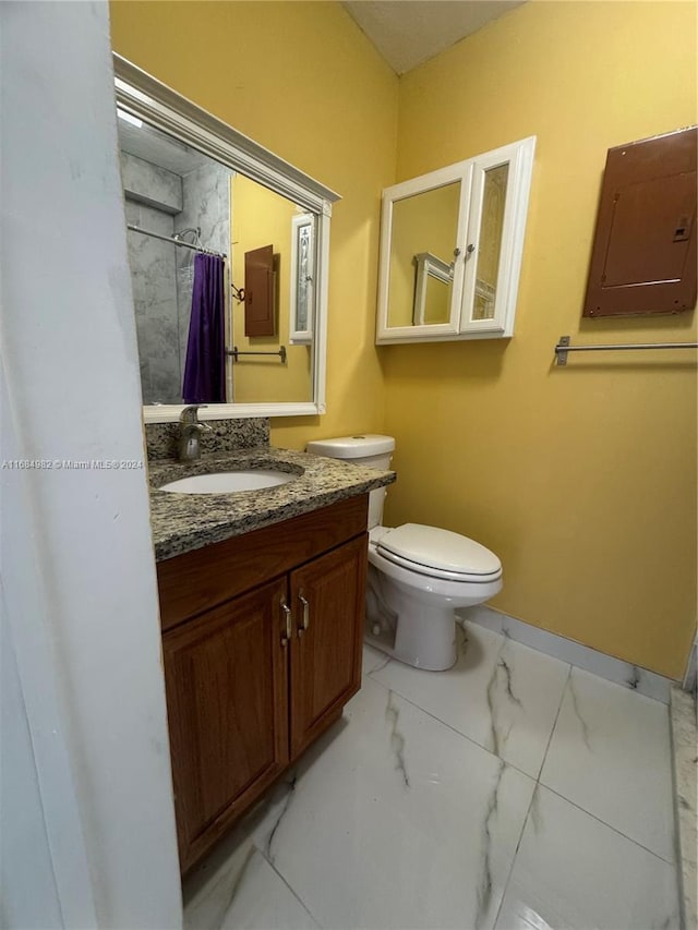 bathroom with electric panel, a shower with curtain, vanity, and toilet