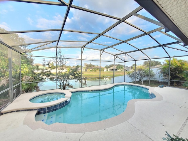 view of pool with a patio, a water view, a lanai, and an in ground hot tub