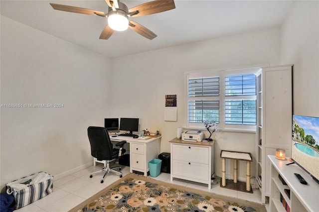 office space featuring ceiling fan and light tile patterned flooring