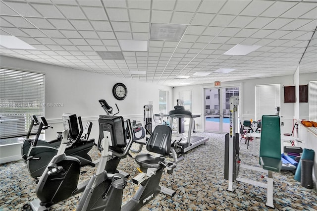 workout area featuring a paneled ceiling and carpet floors