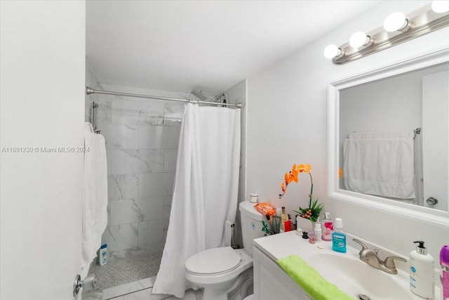 bathroom featuring toilet, a shower with curtain, vanity, and tile patterned flooring