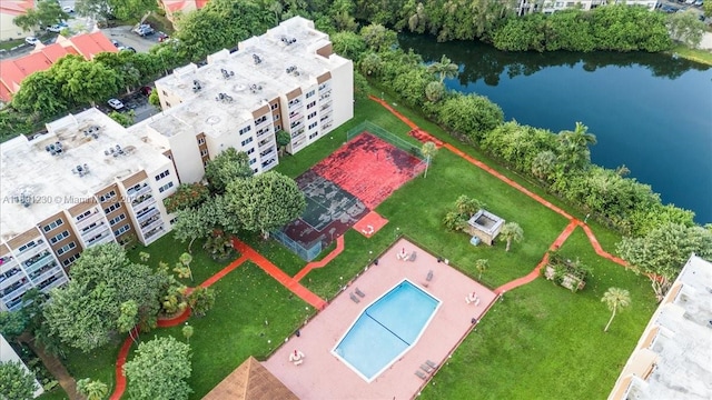 birds eye view of property featuring a water view