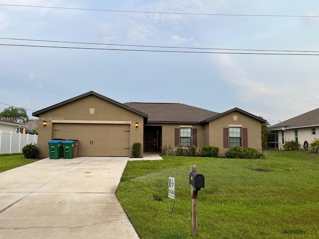 single story home featuring a garage and a front yard