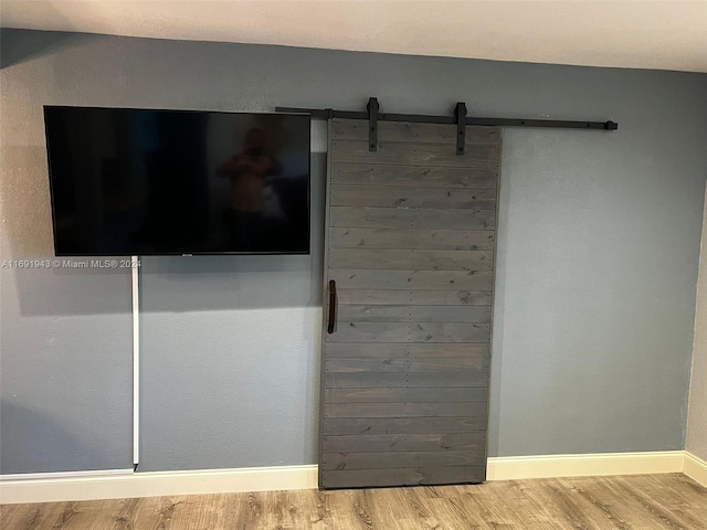 details featuring a barn door and hardwood / wood-style floors