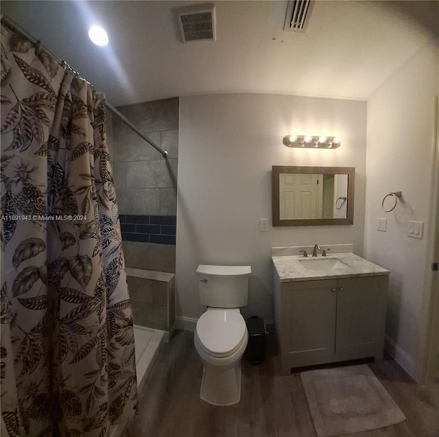 bathroom with toilet, wood-type flooring, vanity, and a shower with curtain