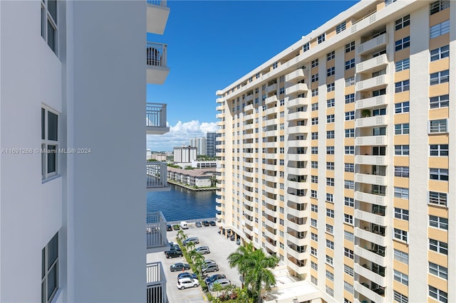 view of building exterior with a water view