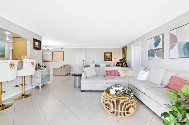 2715 N Ocean Blvd Unit 3A, Fort Lauderdale, FL 33308 - living area featuring crown molding, baseboards, a chandelier, and light tile patterned floors