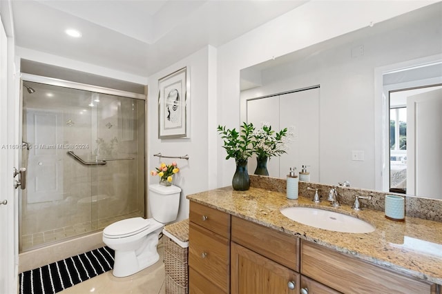 2715 N Ocean Blvd Unit 3A, Fort Lauderdale, FL 33308 - bathroom with toilet, vanity, a shower stall, tile patterned floors, and recessed lighting