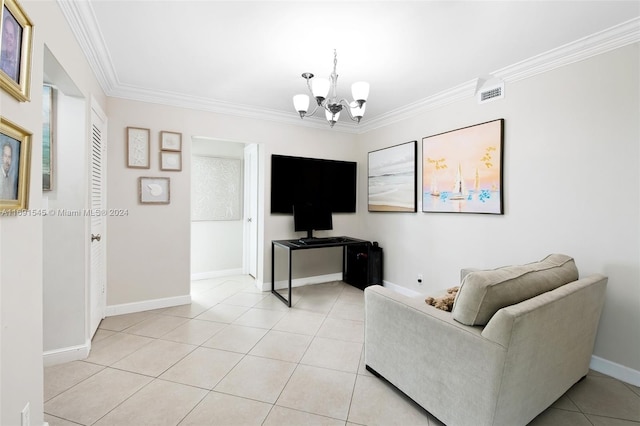 living room featuring ornamental molding, light tile patterned floors, and an inviting chandelier