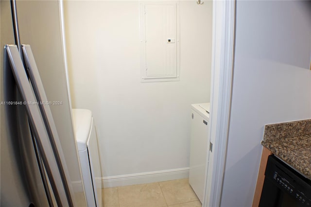 bathroom with electric panel, vanity, and tile patterned floors