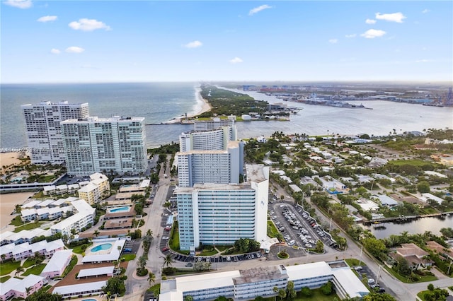 bird's eye view with a water view