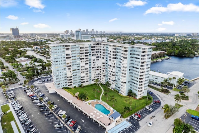 aerial view featuring a water view