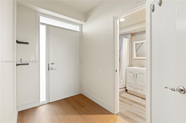 foyer entrance with sink and light hardwood / wood-style flooring