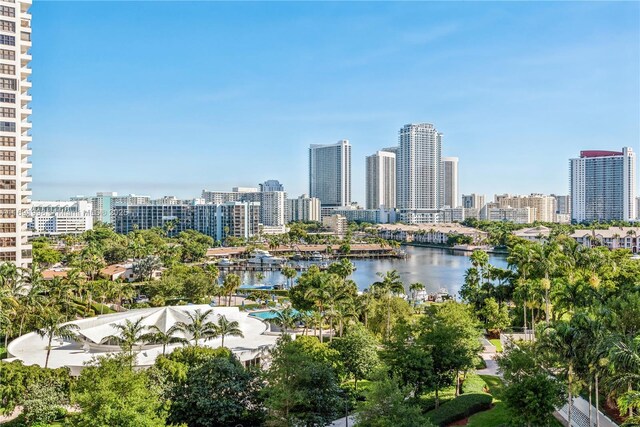 property's view of city featuring a water view