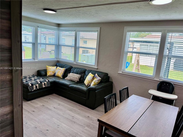 living room with a wealth of natural light, a textured ceiling, and light hardwood / wood-style flooring