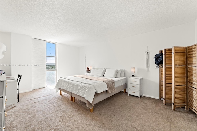 bedroom with light colored carpet and a textured ceiling