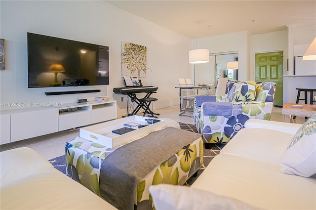 living room with light tile patterned floors