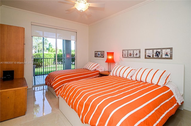 bedroom featuring access to outside, crown molding, and ceiling fan