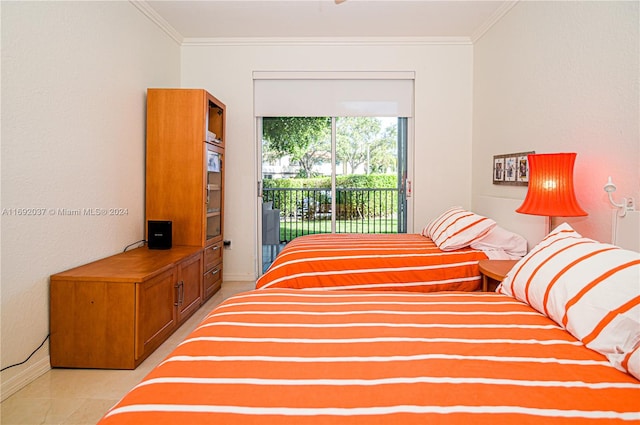 tiled bedroom featuring access to outside and crown molding