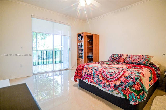 bedroom with ceiling fan, access to exterior, and crown molding