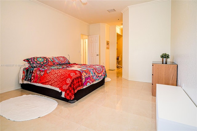 tiled bedroom with ceiling fan and crown molding