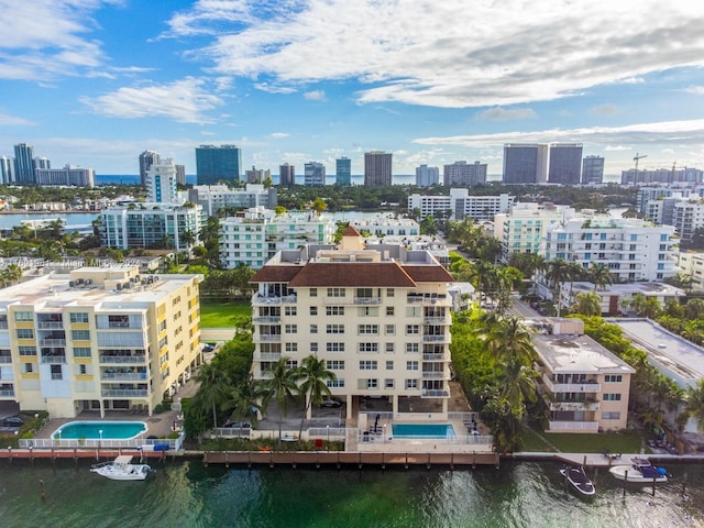 aerial view featuring a water view