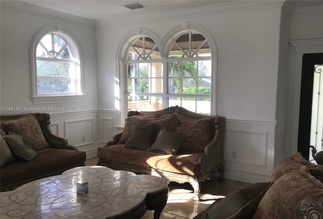 living room with crown molding