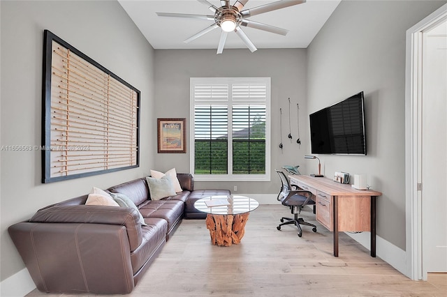 office featuring ceiling fan and light hardwood / wood-style flooring