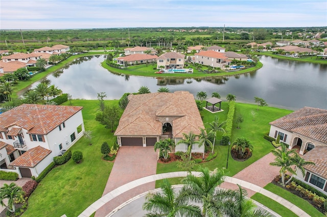 aerial view featuring a water view