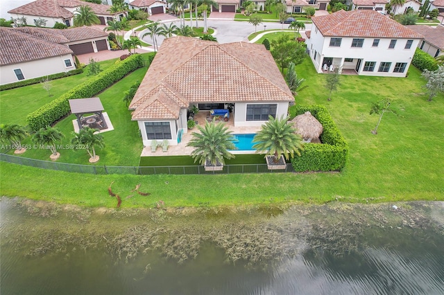 drone / aerial view featuring a water view