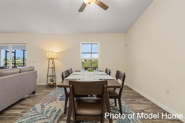 dining area with ceiling fan and wood-type flooring