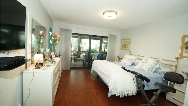 bedroom with dark hardwood / wood-style floors, access to exterior, and a textured ceiling