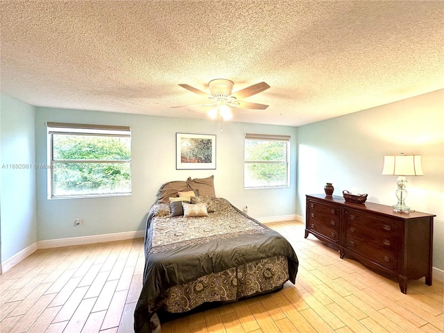 bedroom featuring ceiling fan, a textured ceiling, and light hardwood / wood-style flooring