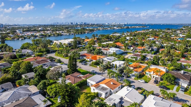 aerial view featuring a water view