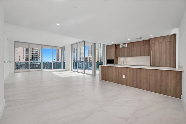 kitchen featuring sink, kitchen peninsula, and a wall of windows