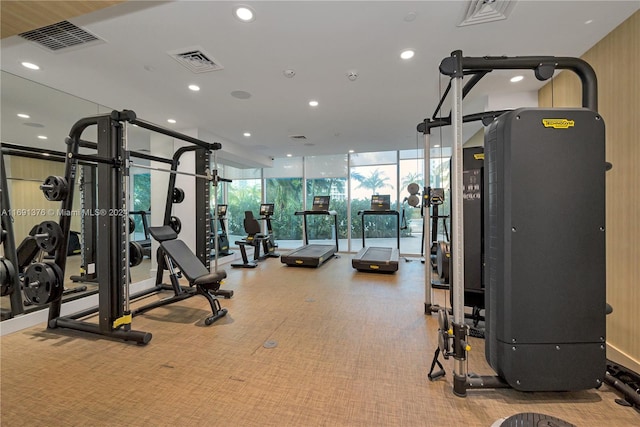 exercise room featuring floor to ceiling windows and carpet