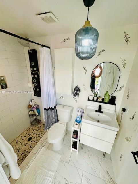 bathroom featuring walk in shower, vanity, and toilet