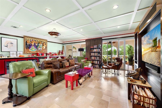 living room with wine cooler and coffered ceiling