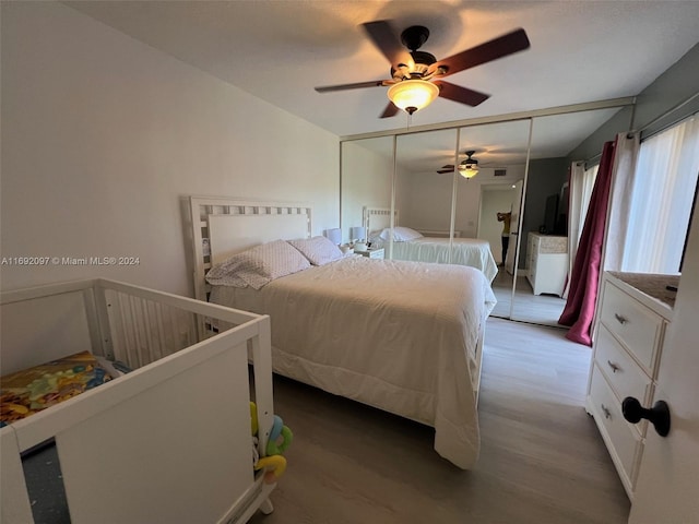 bedroom featuring hardwood / wood-style flooring, ceiling fan, and a closet