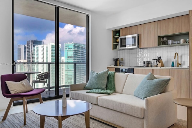 living room with expansive windows and sink