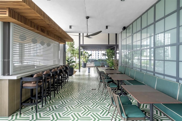 dining space with a wealth of natural light and ceiling fan