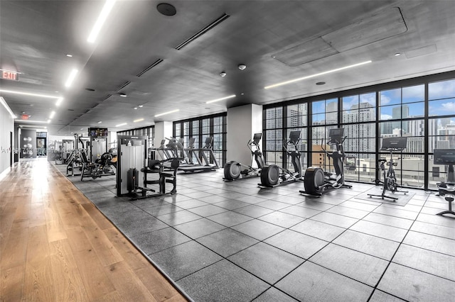 workout area featuring expansive windows and wood-type flooring