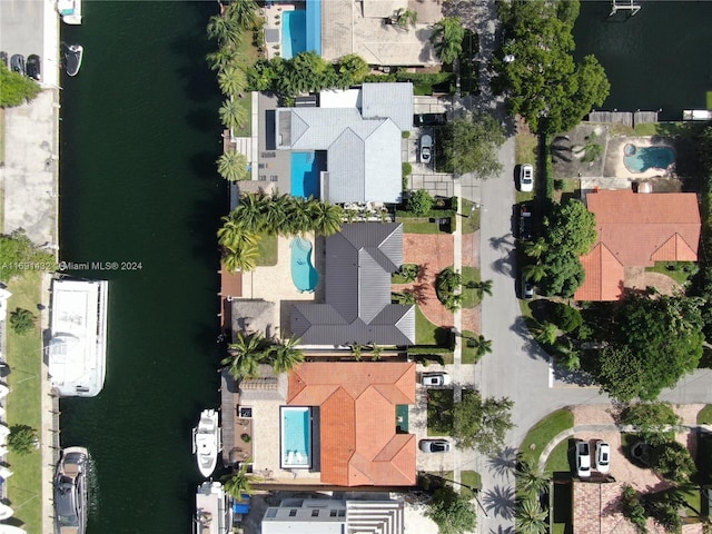 aerial view featuring a water view