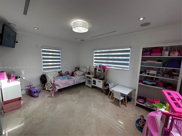 bedroom featuring ornamental molding and multiple windows