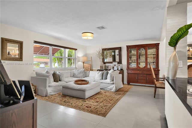 living room with a textured ceiling