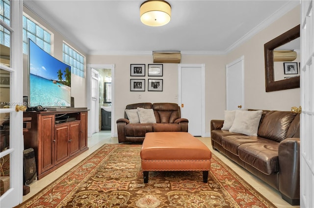 tiled living room featuring an AC wall unit, a wealth of natural light, and crown molding