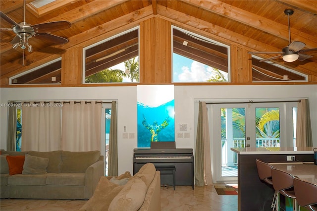 living room featuring french doors, beam ceiling, high vaulted ceiling, wood ceiling, and ceiling fan