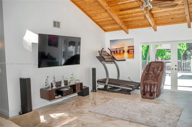 workout room featuring high vaulted ceiling, wood ceiling, and french doors