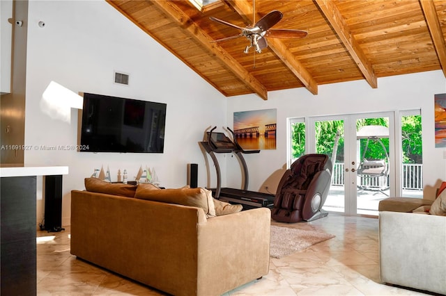 living room featuring high vaulted ceiling, wood ceiling, french doors, and beam ceiling